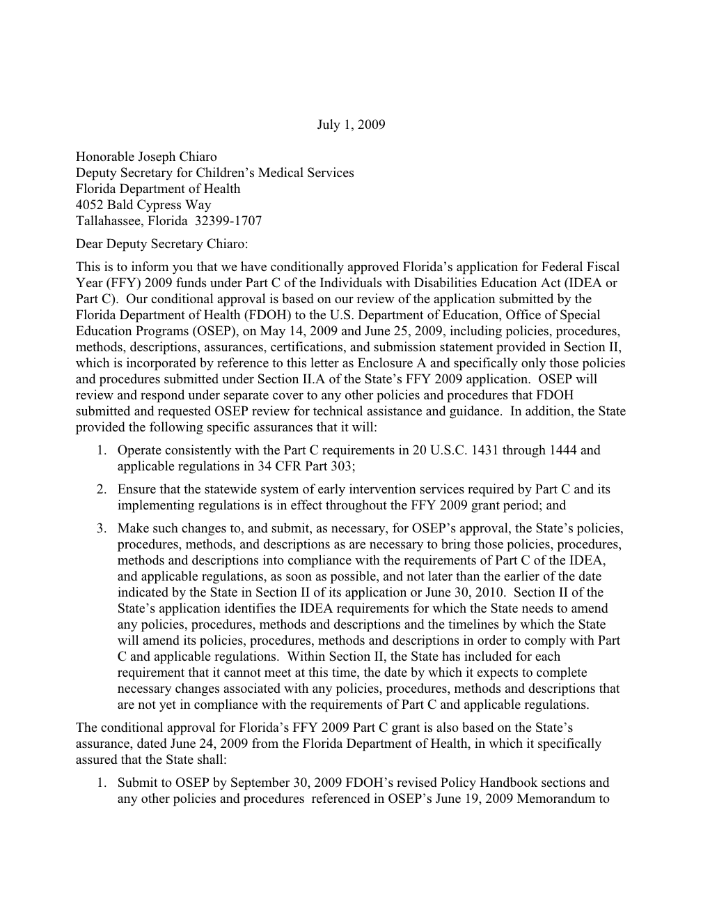 Florida IDEA 2009 Part C Grant Award Letter (Msword)