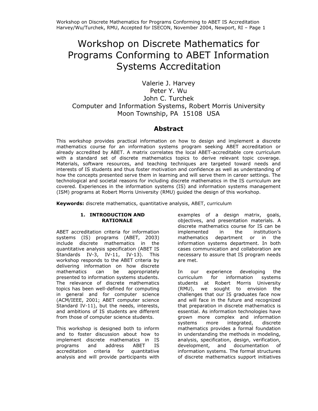 Workshop on Discrete Mathematics for Programs Conforming to ABET IS Accreditation
