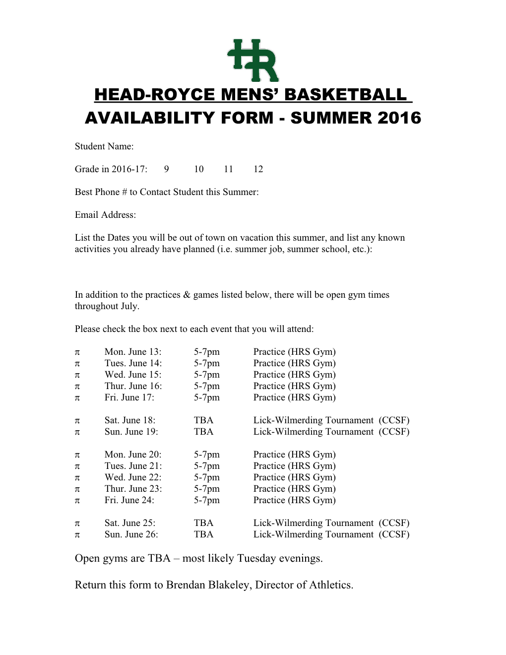 Urban Boys Basketball Summer Availability Form