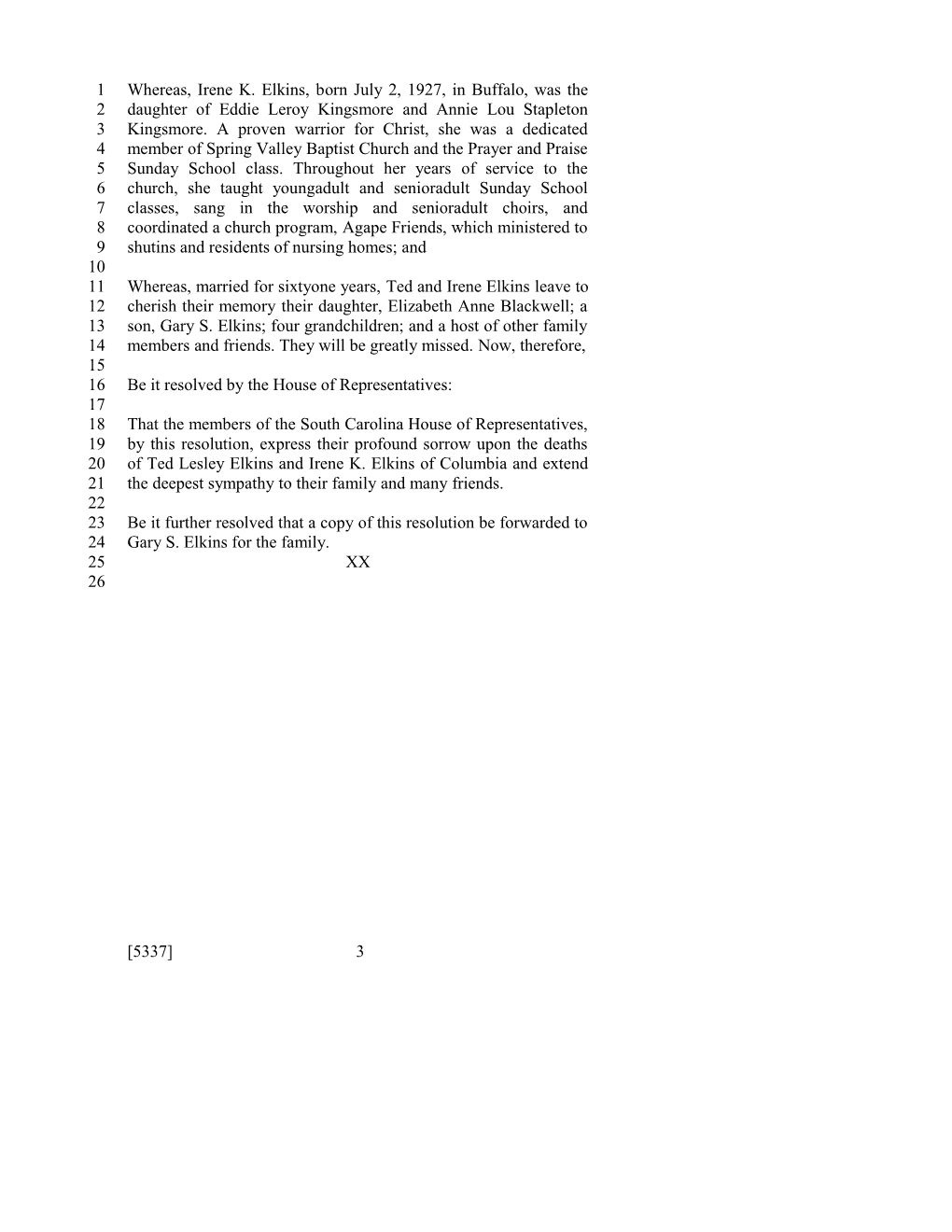 2011-2012 Bill 5337: Ted Lesley and Irene K. Elkins - South Carolina Legislature Online