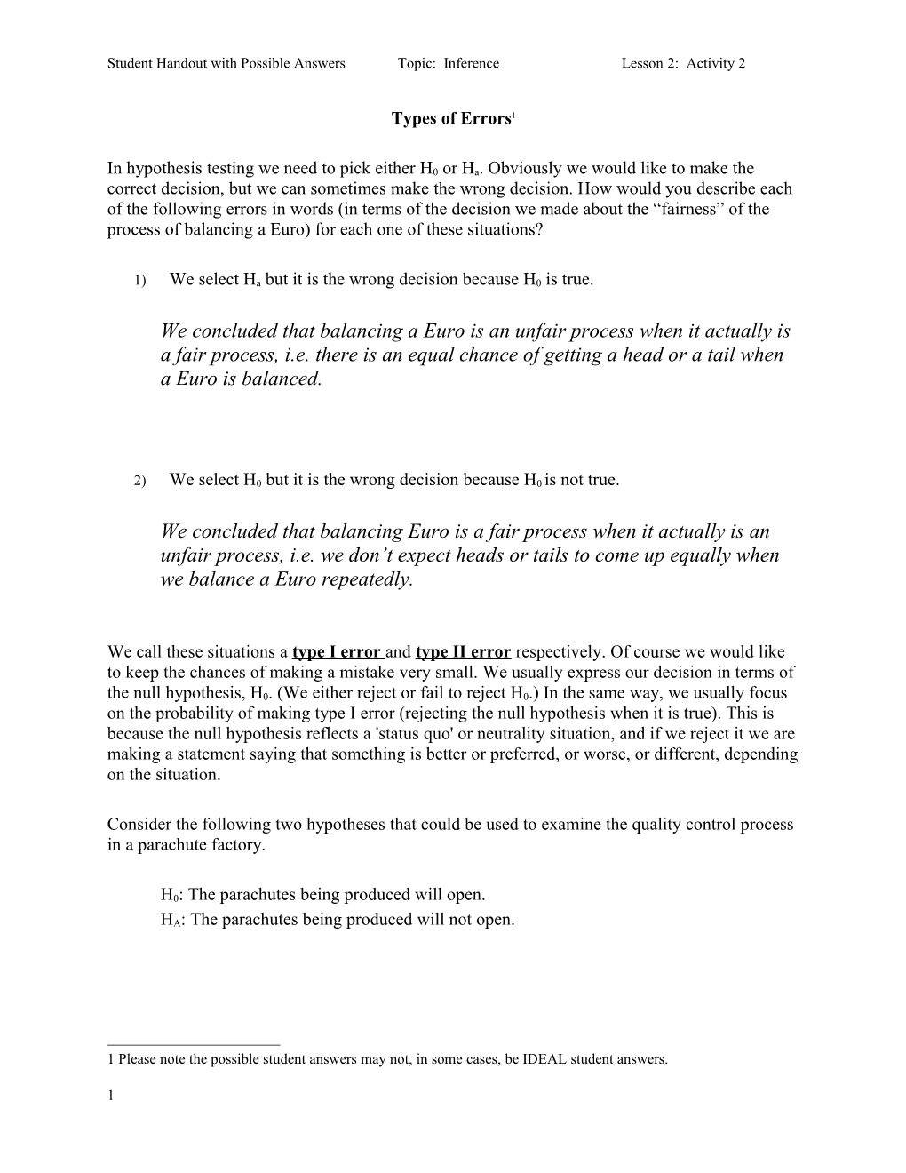Student Handout with Possible Answers Topic: Inference Lesson 2: Activity 2