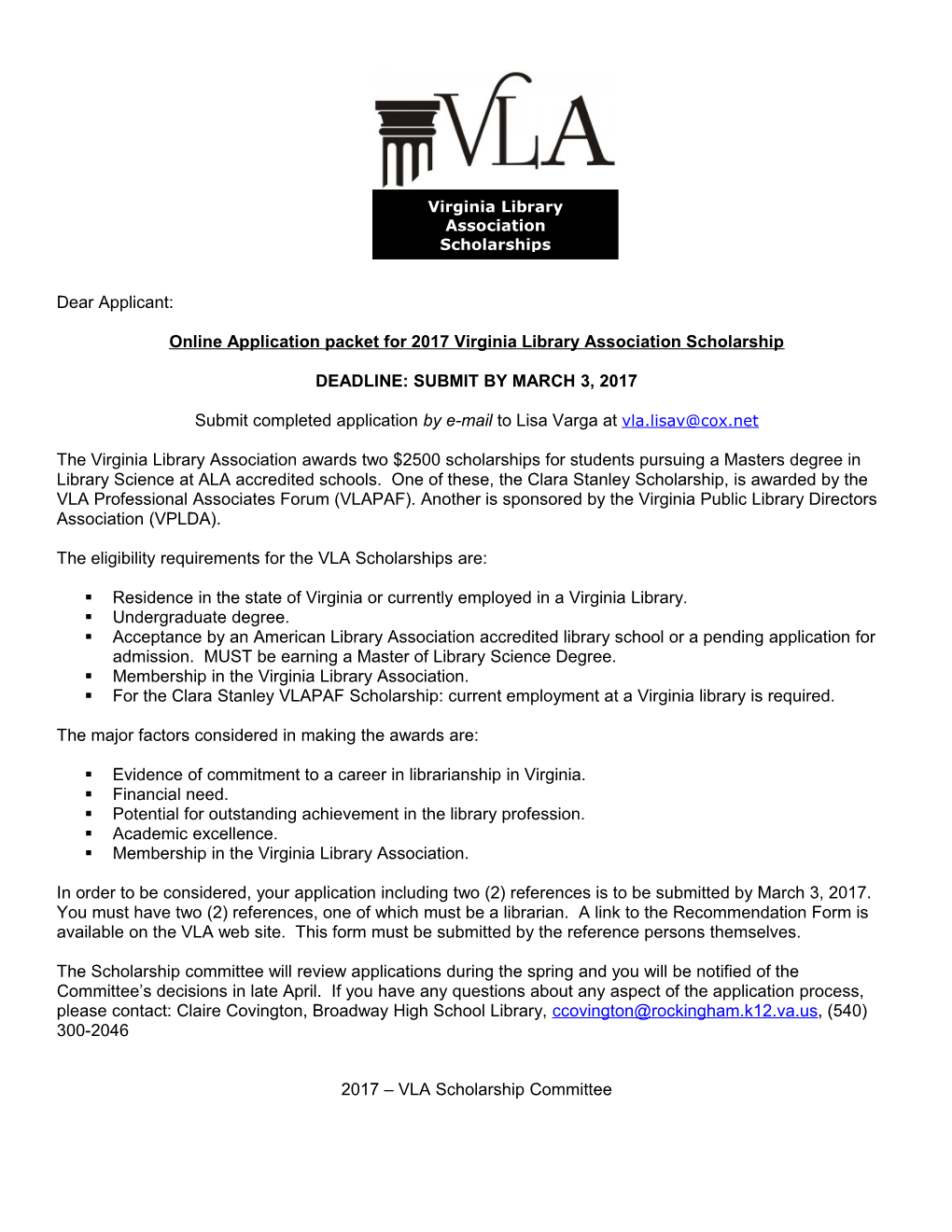 Online Application Packet for 2017 Virginia Library Association Scholarship