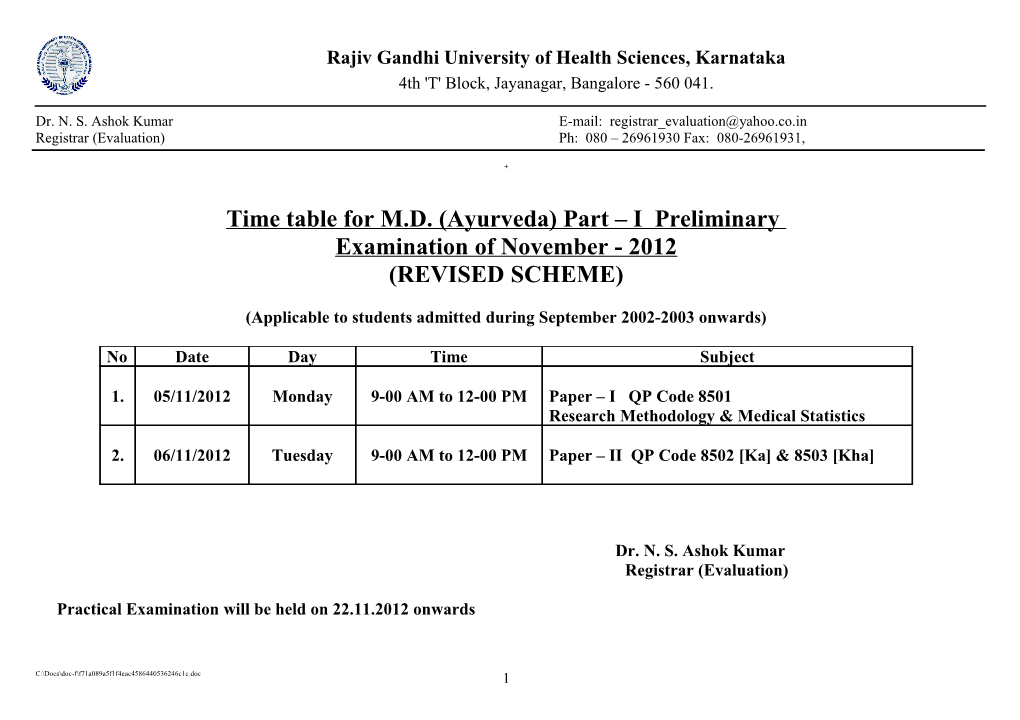 Time Table for M