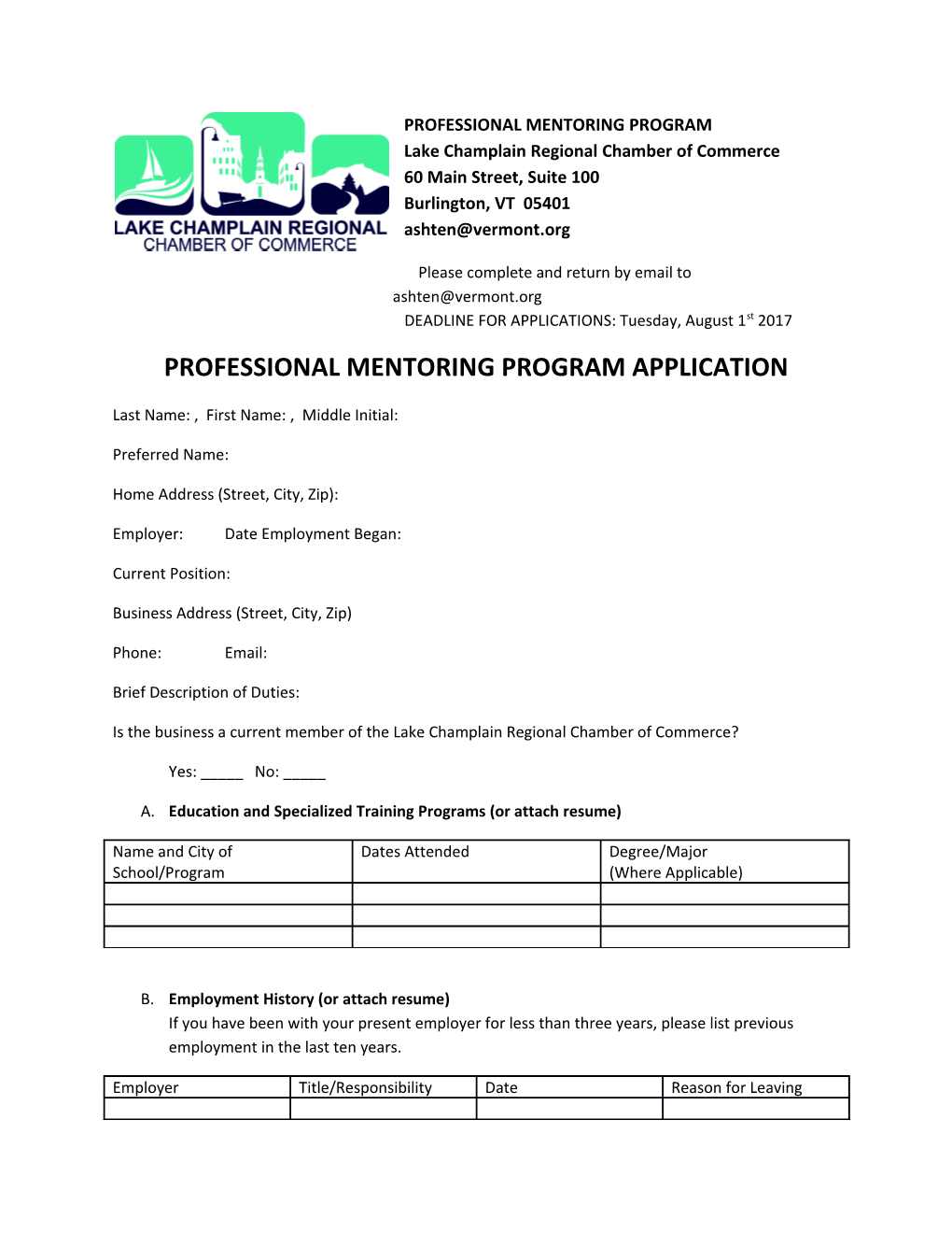 Professional Mentoring Program Application