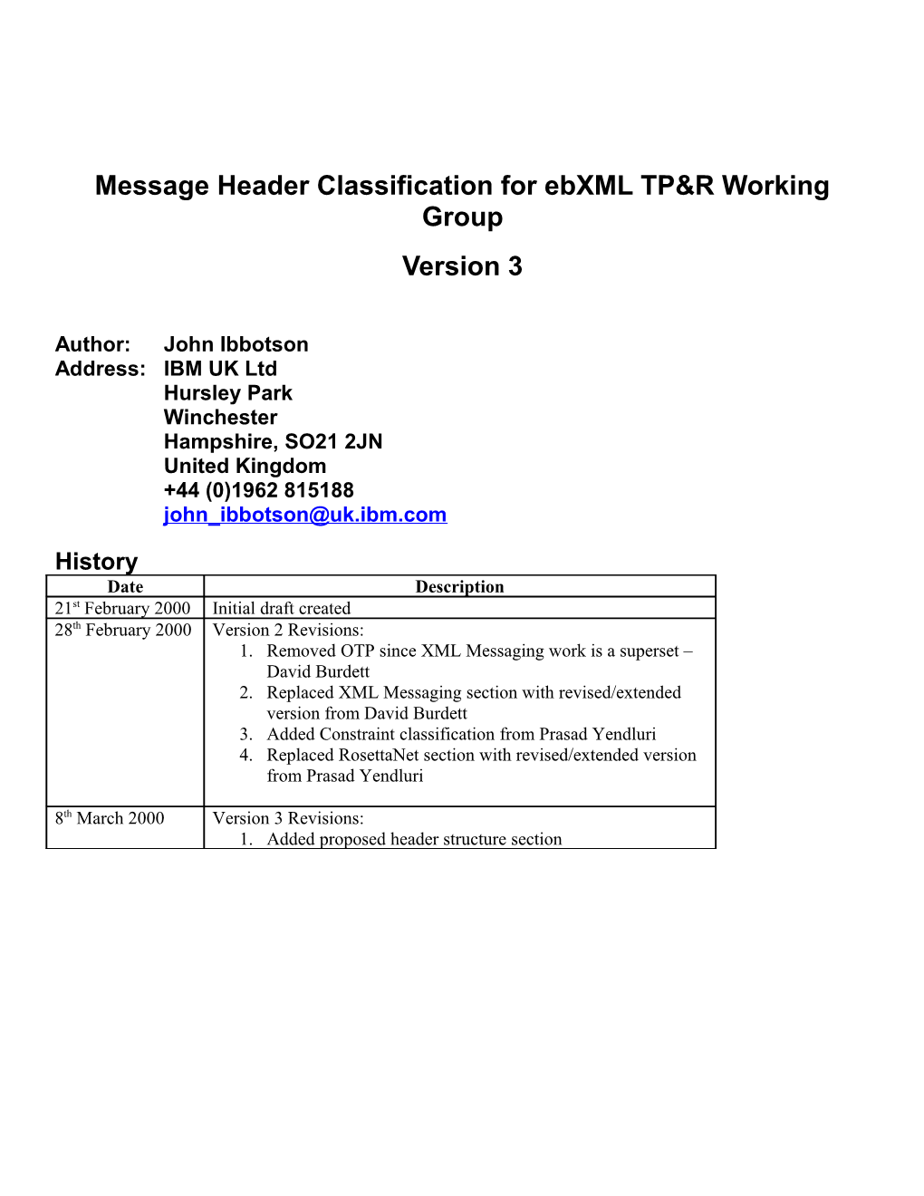 Message Header Classification for Ebxml TP&R Working Group