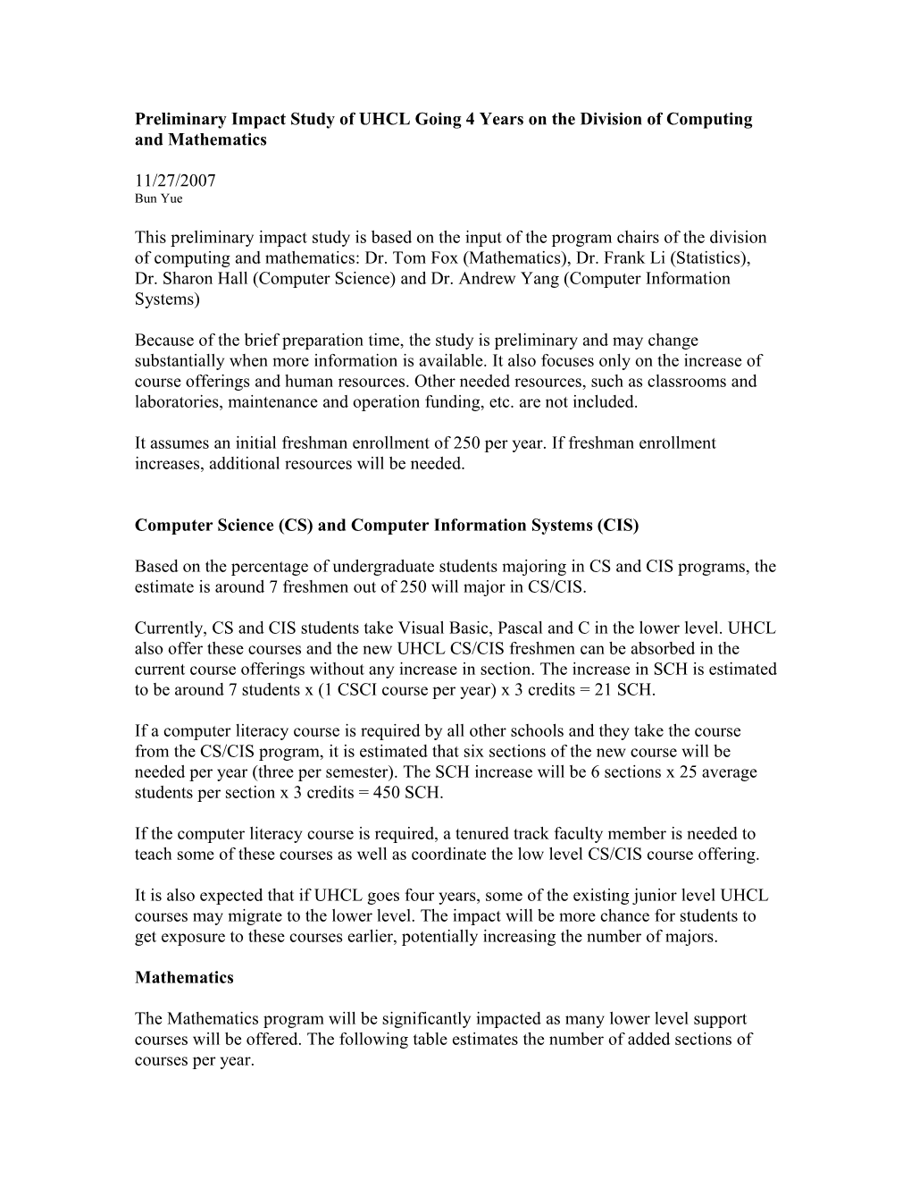 Preliminary Impact Study of UHCL Going 4 Years on the Division of Computing and Mathematics