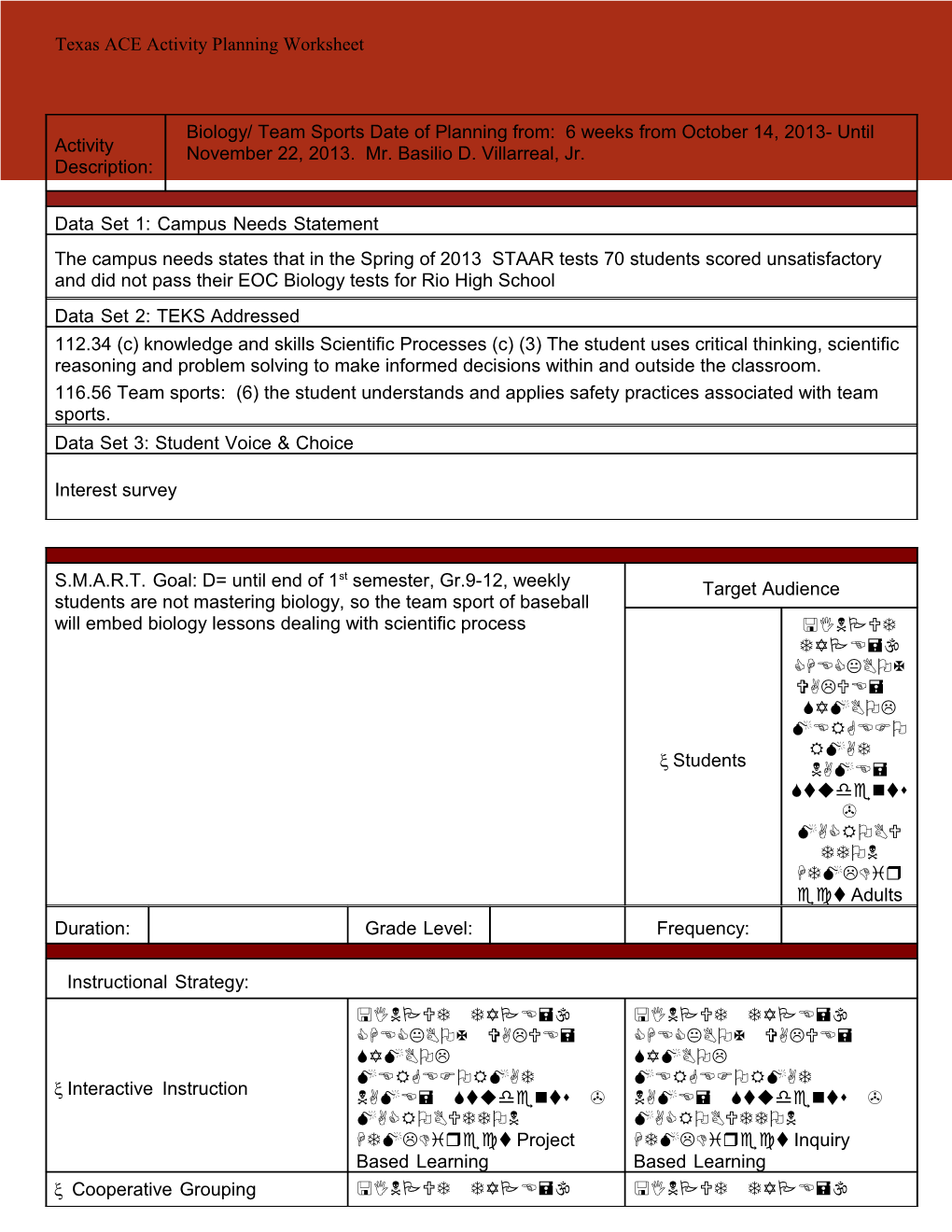 Texas ACE Activity Planning Worksheet