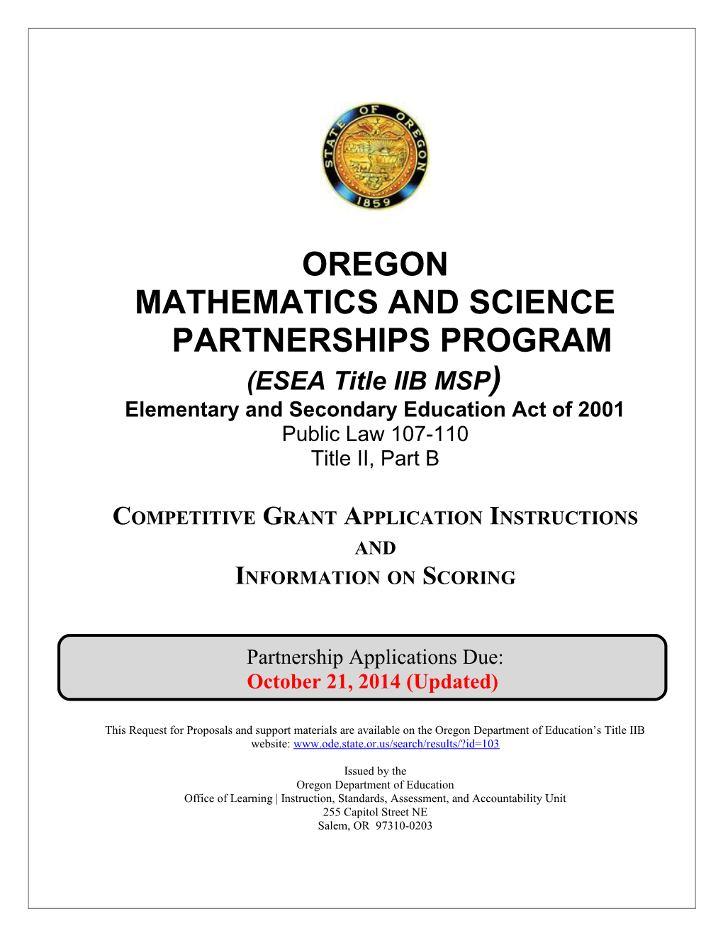 Oregon Mathematics and Science Partnerships Program (ESEA Title IIB MSP) s1