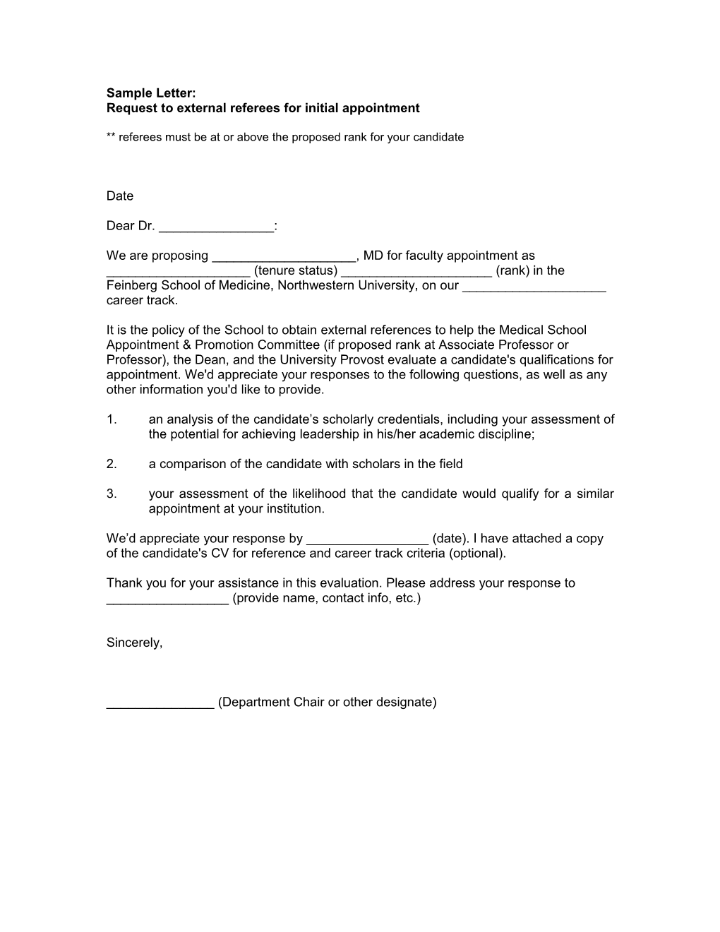 Sample Letter: Request to External Referees for Initial Appointment