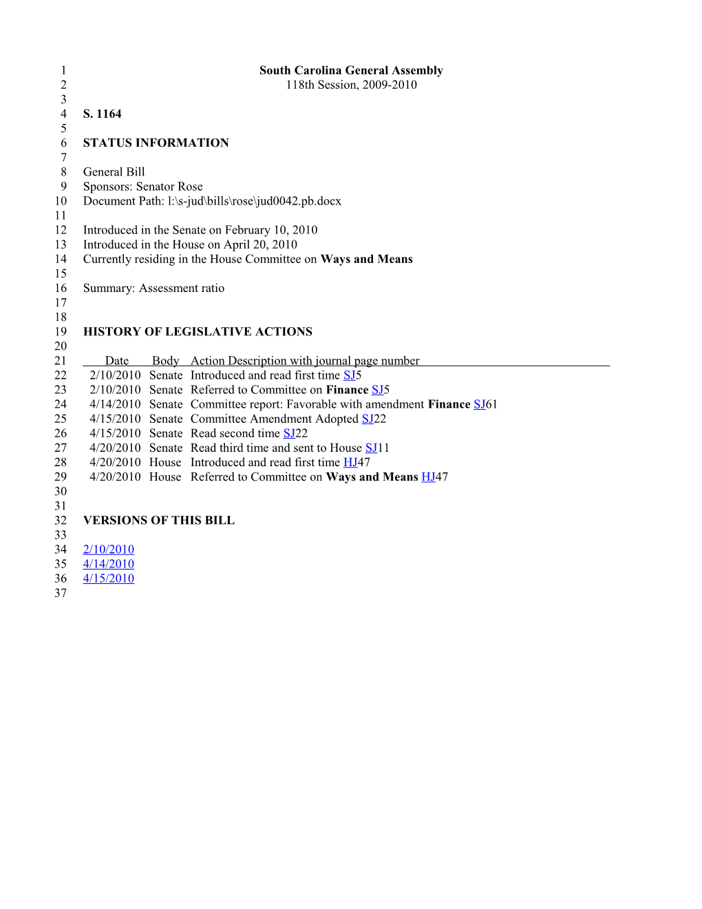 2009-2010 Bill 1164: Assessment Ratio - South Carolina Legislature Online