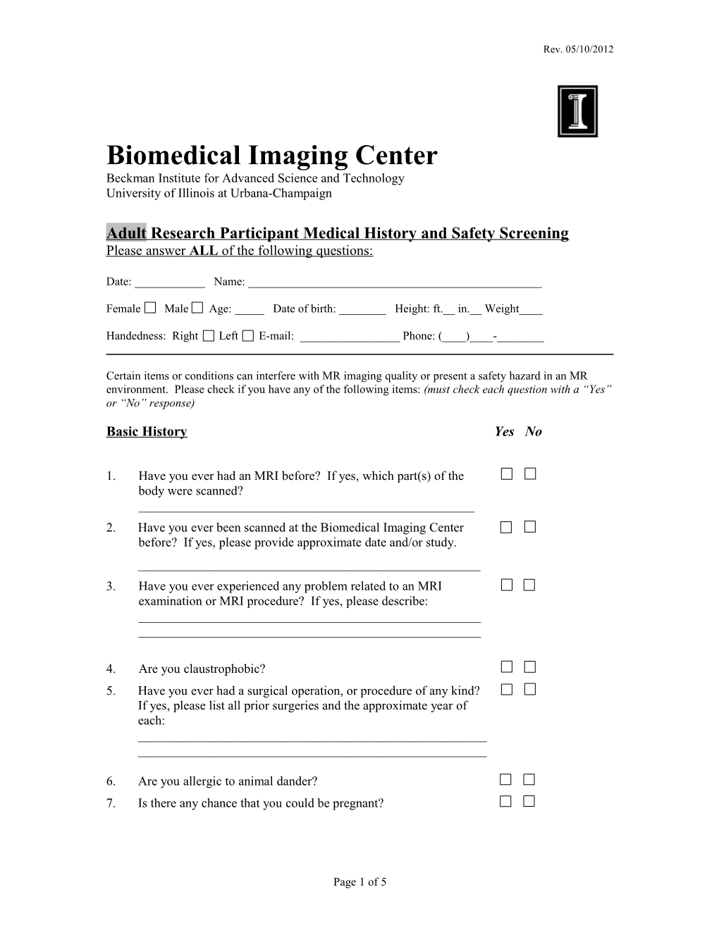 Research Participant Medical History and Safety Screening