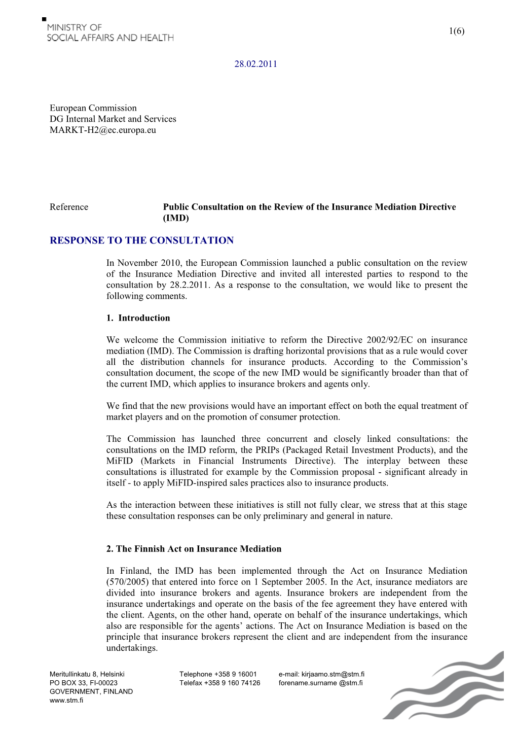 Reference Public Consultation on the Review of the Insurance Mediation Directive (IMD)