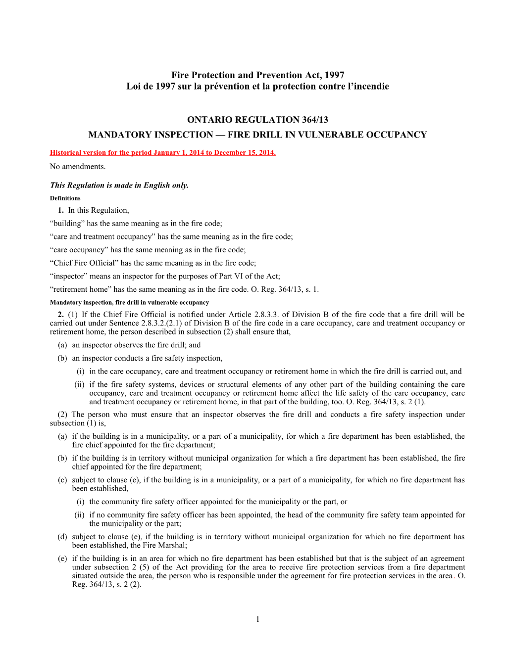 Fire Protection and Prevention Act, 1997 - O. Reg. 364/13