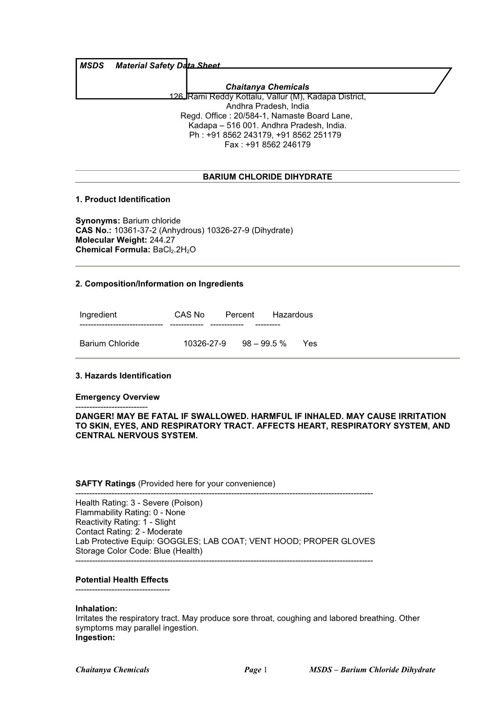 Msds Barium Chloride Dihydrate