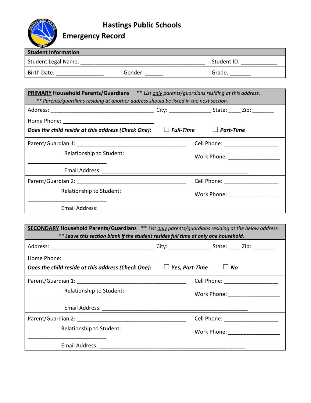 Hastings Public Schools Emergency Record