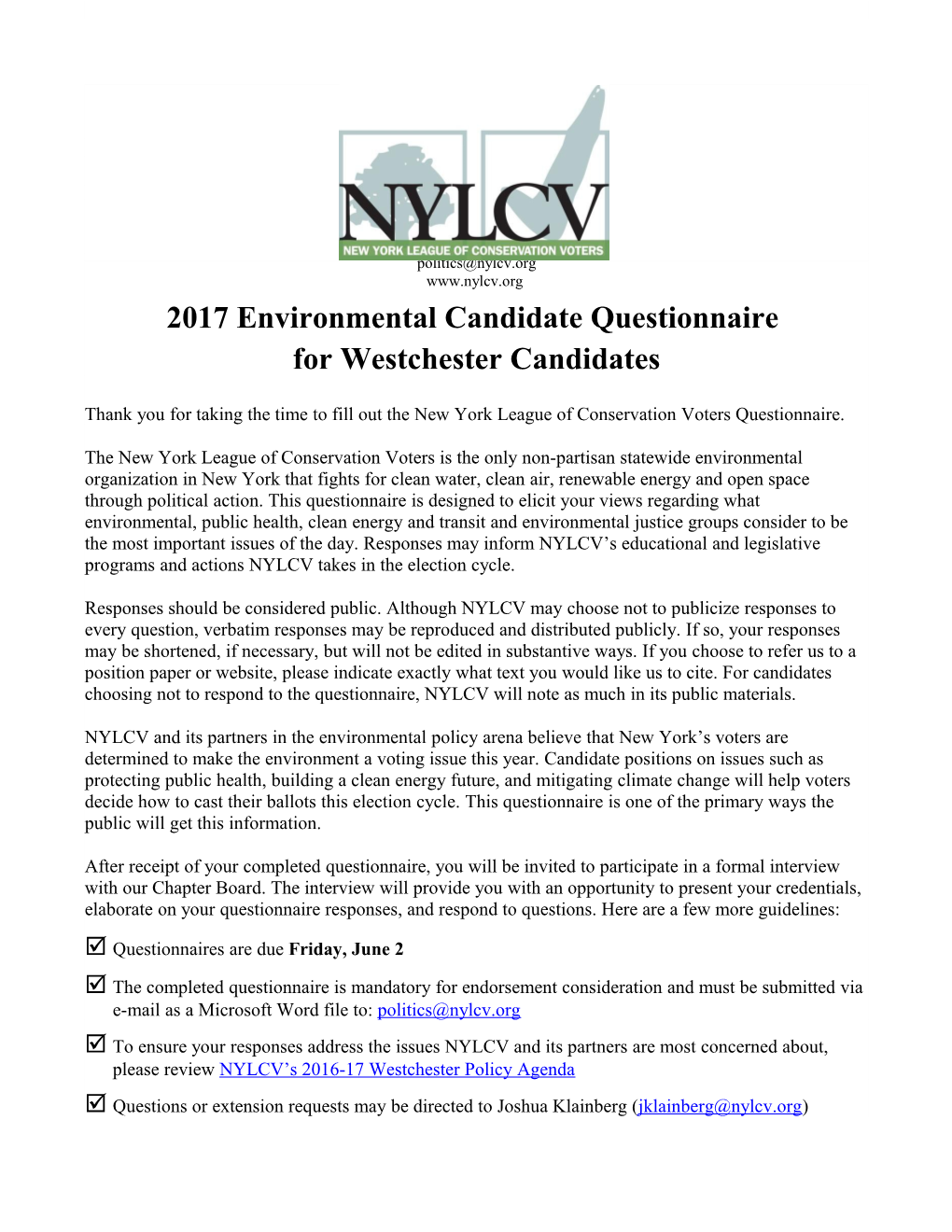 2017 Environmental Candidate Questionnaire for Westchester Candidates