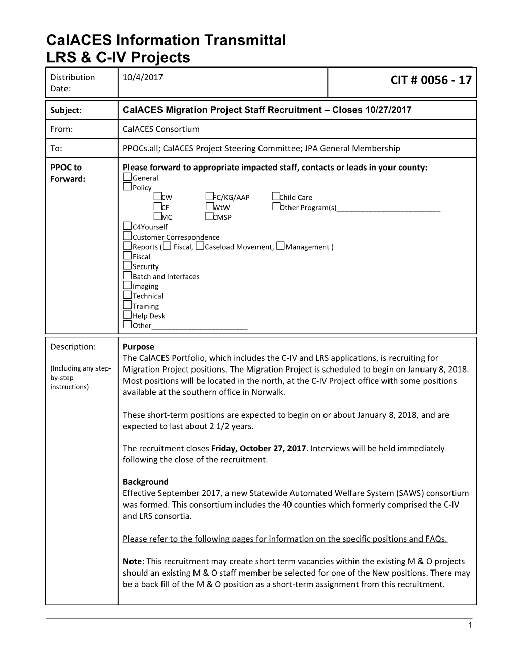 Calaces Information Transmittal