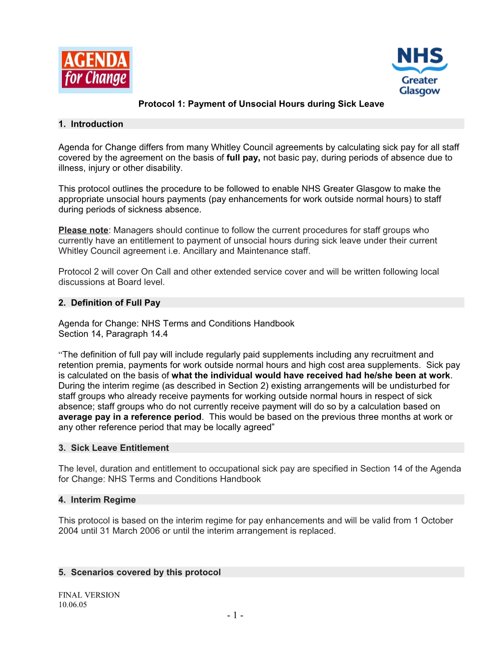 Protocol for Payment of Unsocial Hours in Sick Pay