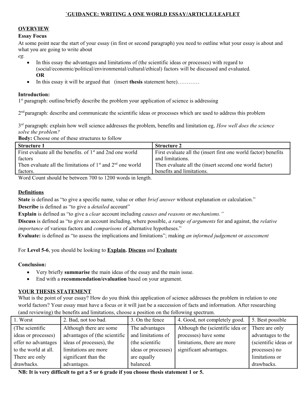 Guidance: Writing a One World Essay/Article/Leaflet