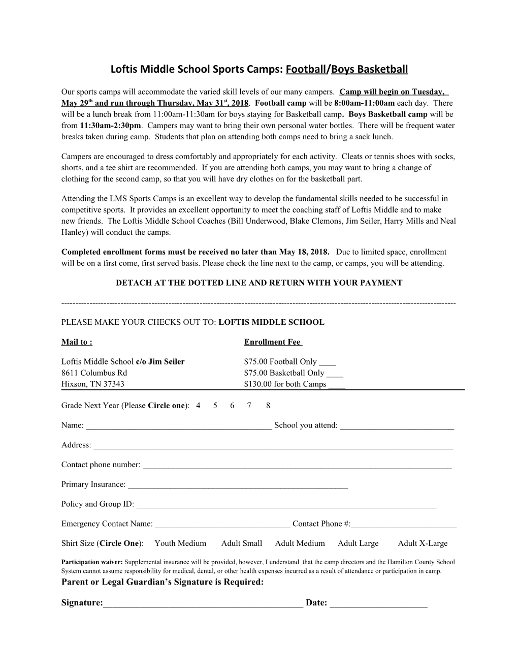 Loftis Middle School Sports Camps: Football/Boys Basketball