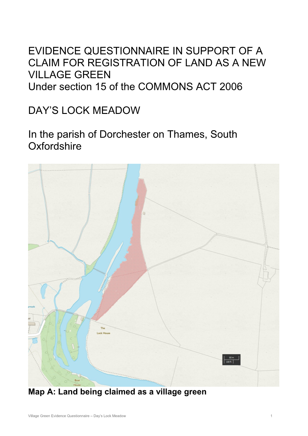 Evidence Questionnaire in Support of a Claim for Registration of Land As a New Village Green