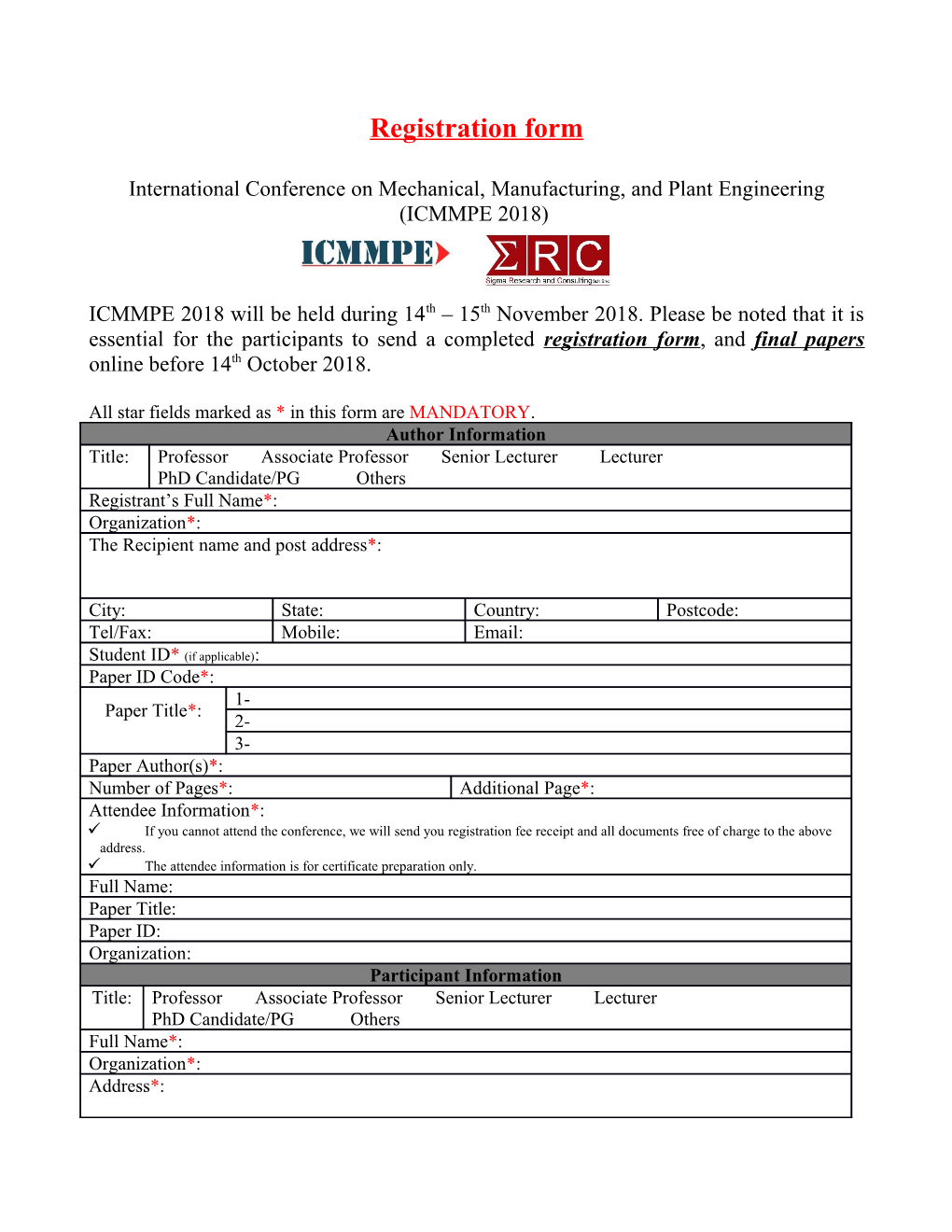 International Conference on Mechanical, Manufacturing, and Plant Engineering (ICMMPE 2018)