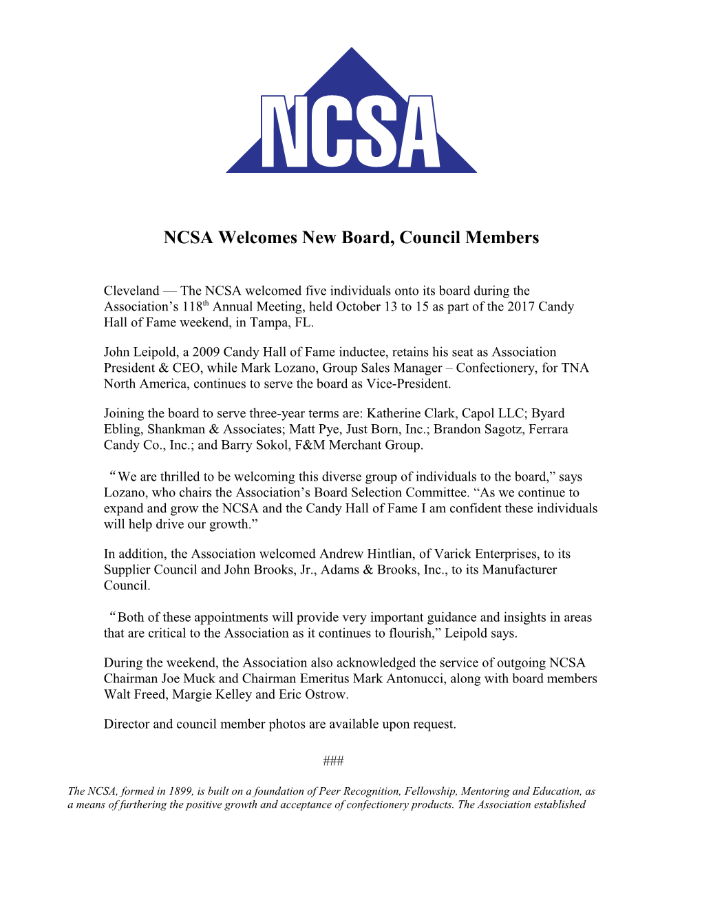 NCSA Welcomes New Board, Council Members