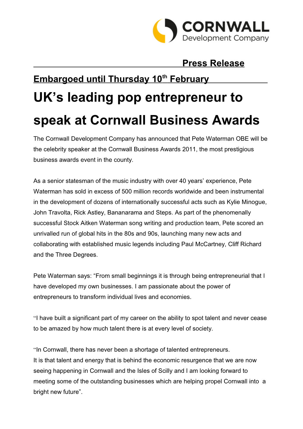 UK S Leading Pop Entrepreneur to Speak at Cornwall Business Awards