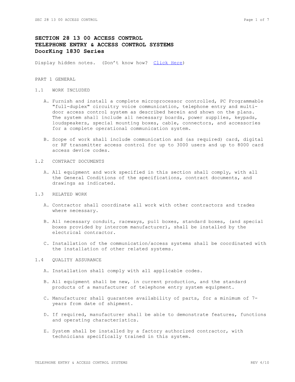 SEC 28 13 00 ACCESS CONTROL Page 1 of 7