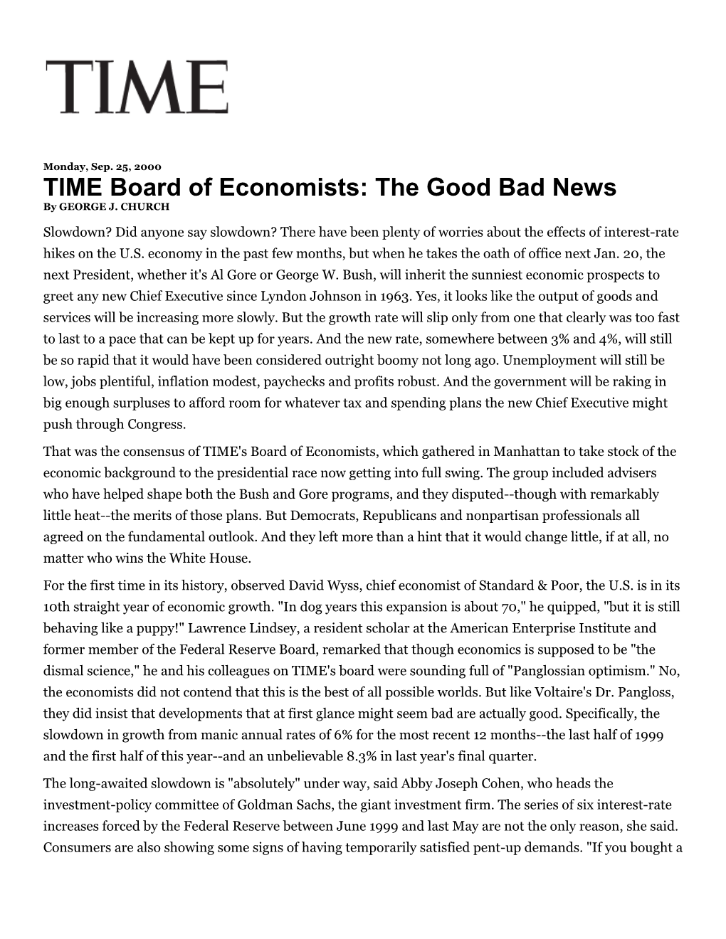 TIME Board of Economists: the Good Bad News