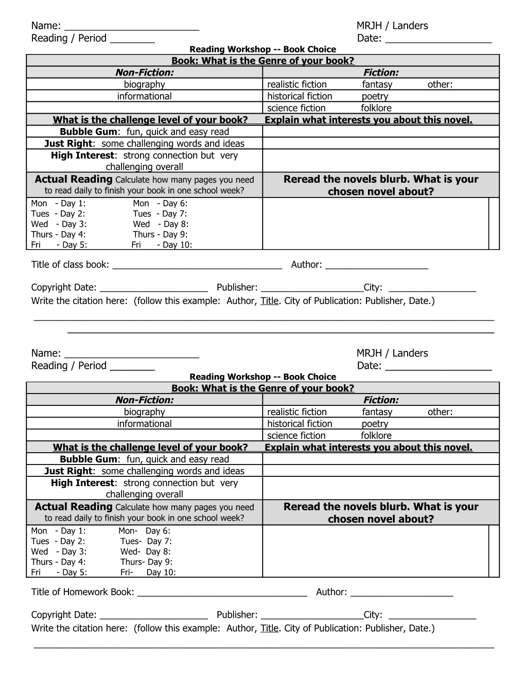 Library Book Choice Form