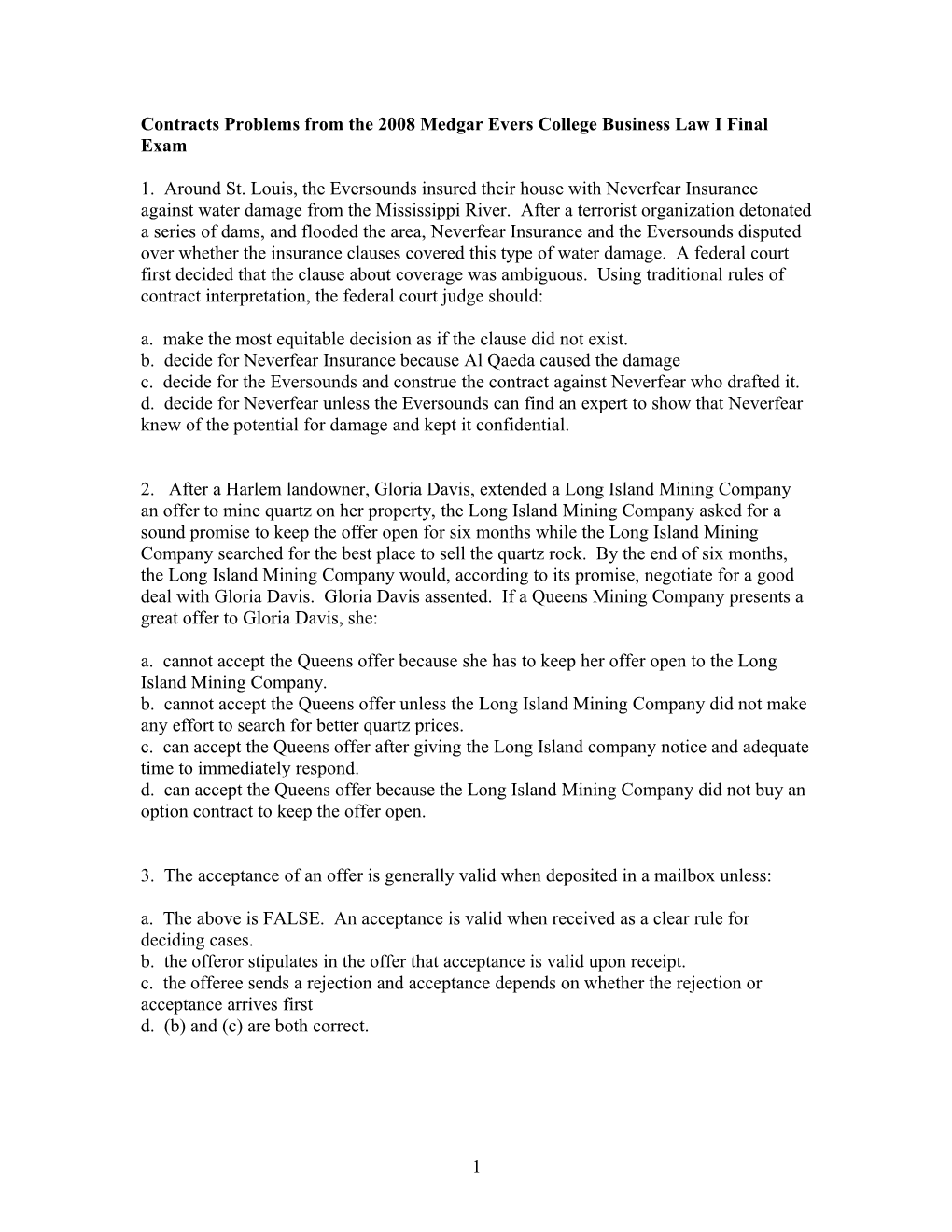 Contracts Problems from the 2008 Medgar Evers College Business Law I Final Exam