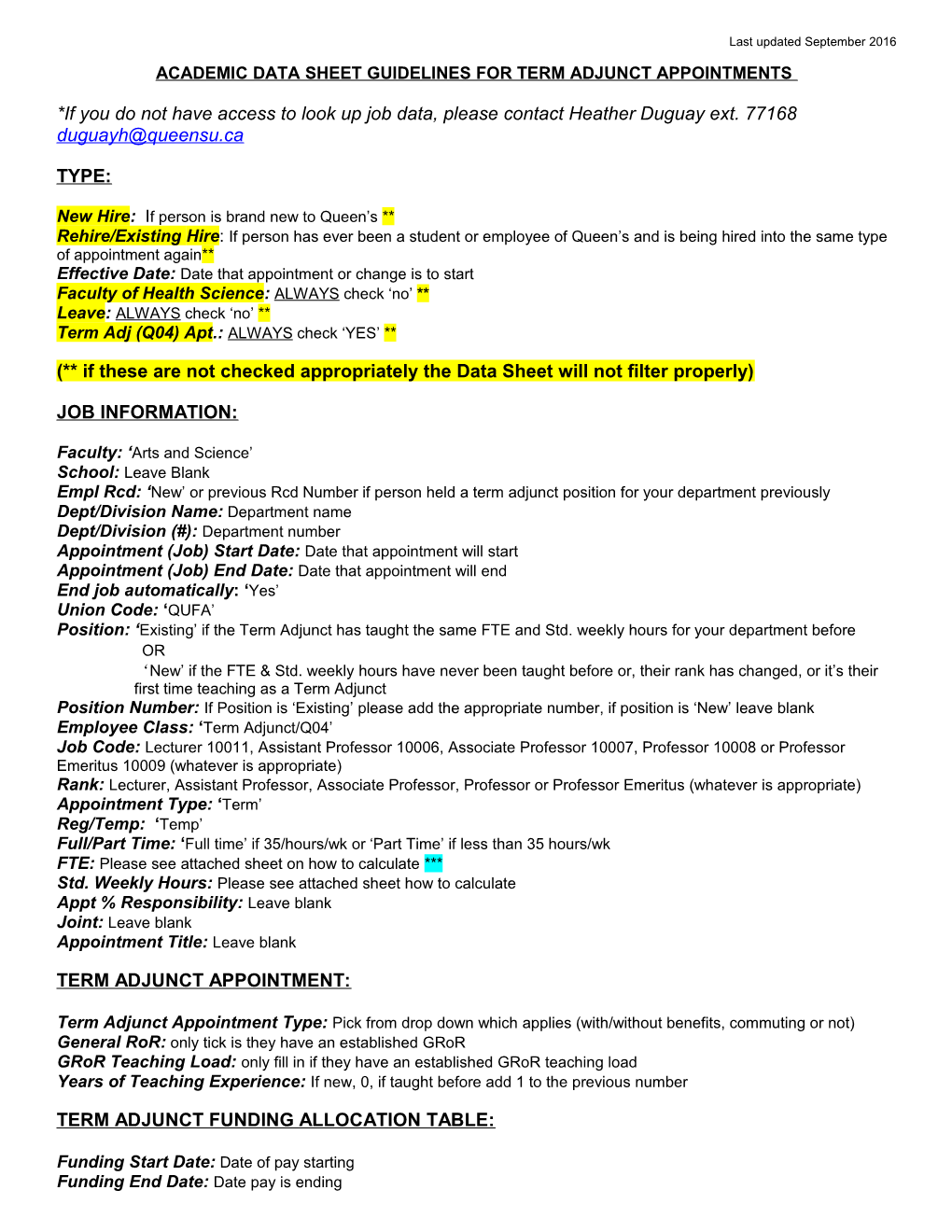 Academic Data Sheet Guidelines for Term Adjunct Appointments