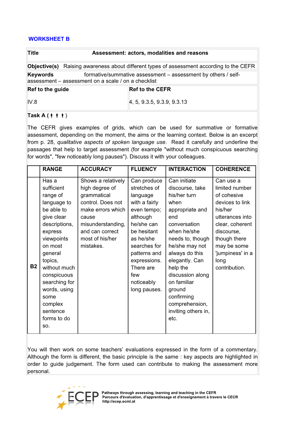 Pathways Through Assessing, Learning and Teaching in the CEFR Parcours D'évaluation