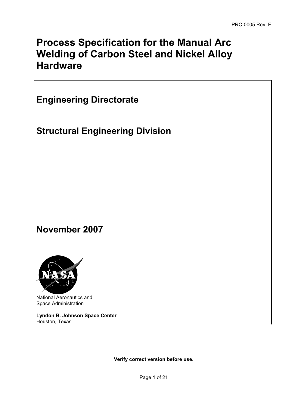 Process Specification for the Manual Arc Welding of Carbon Steel and Nickel Alloy