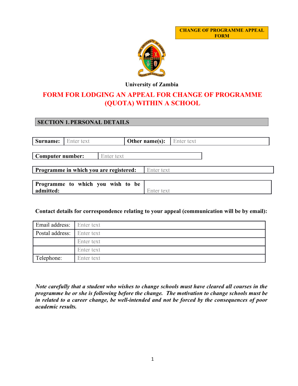 Change of Programme Appeal Form