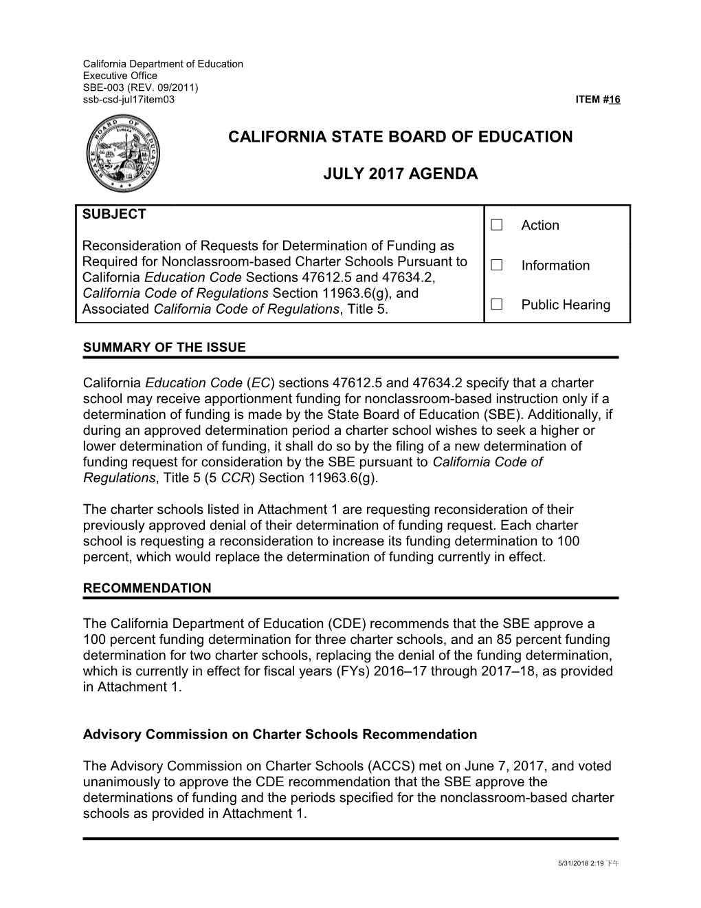 July 2017 Agenda Item 16 - Meeting Agendas (CA State Board of Education)