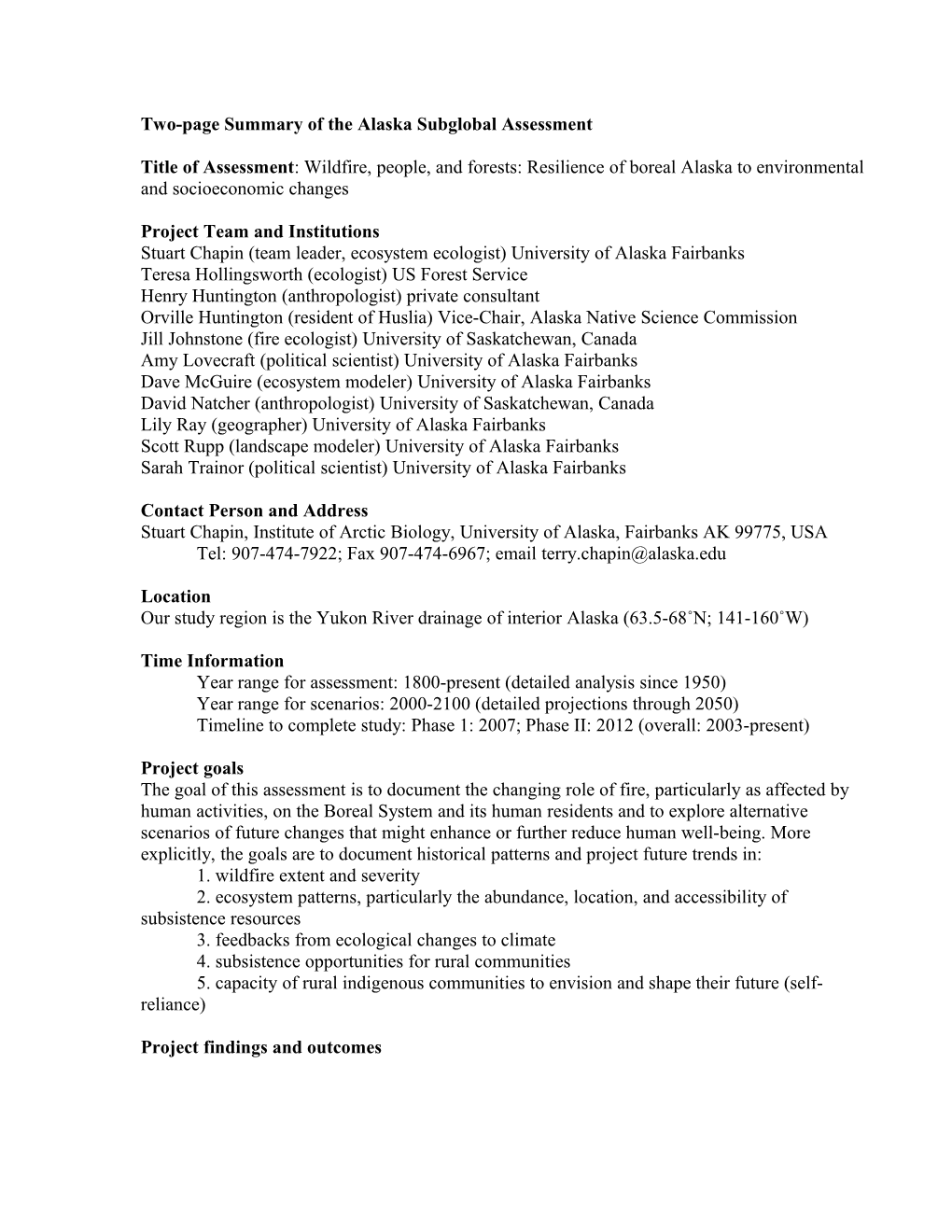 Two-Page Summary of the Alaska Subglobal Assessment
