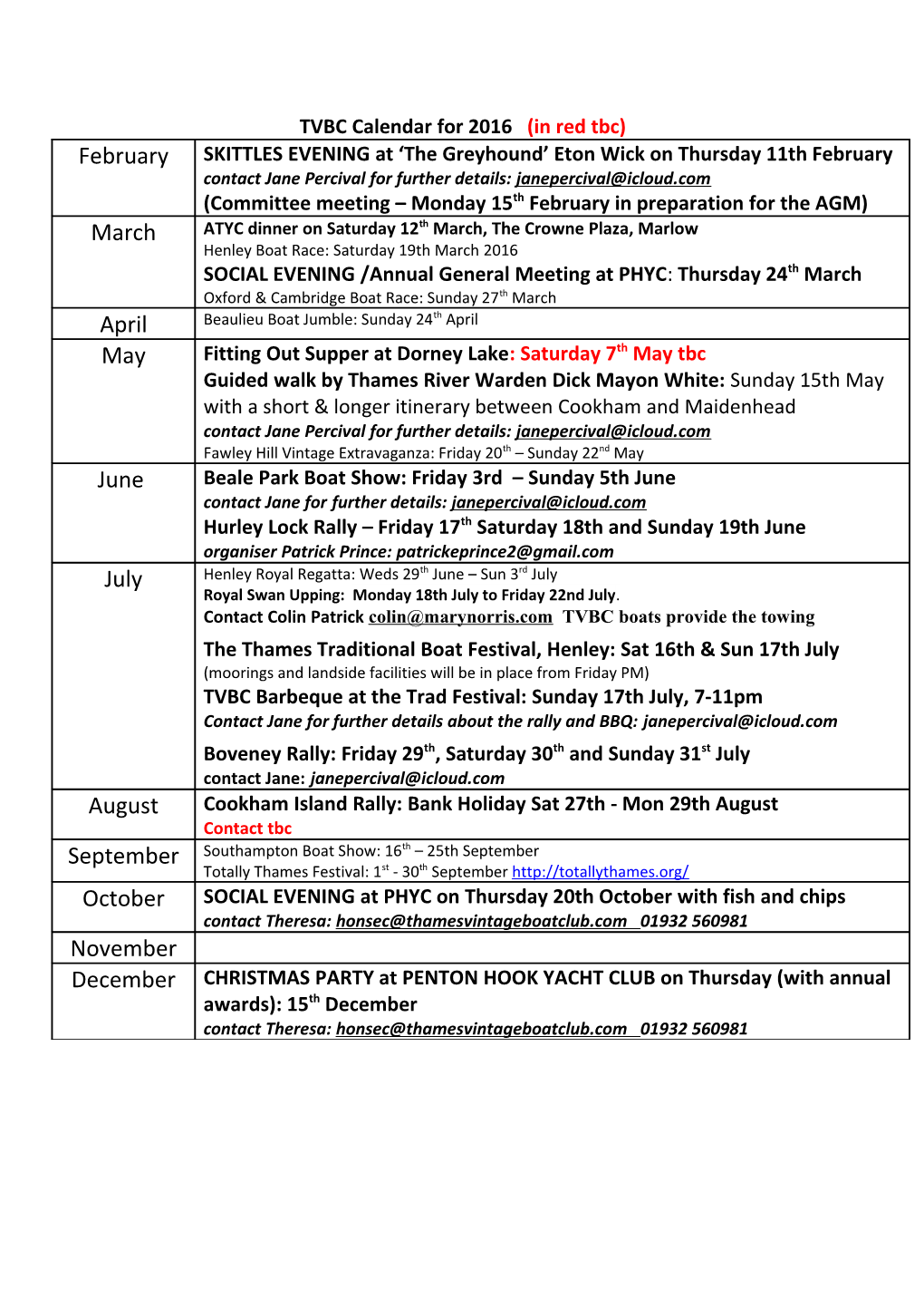 Updated TVBC Calendar for 2013