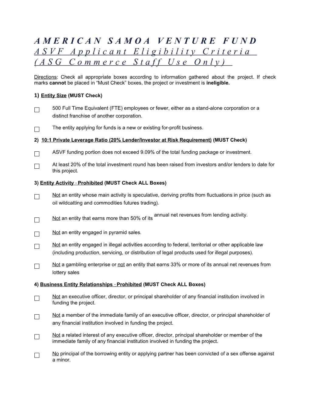 AMERICAN SAMOA VENTURE FUND ASVF Applicant Eligibility Criteria (ASG Commerce Staff Use Only)