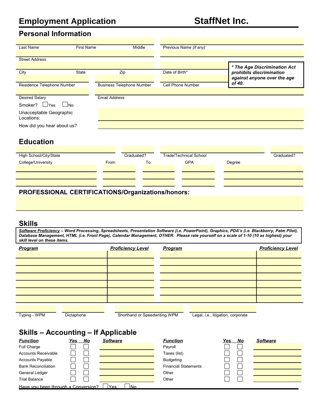 Employment Application Staffnet Inc
