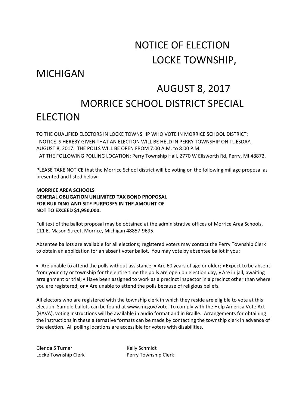 Morrice School District Special Election