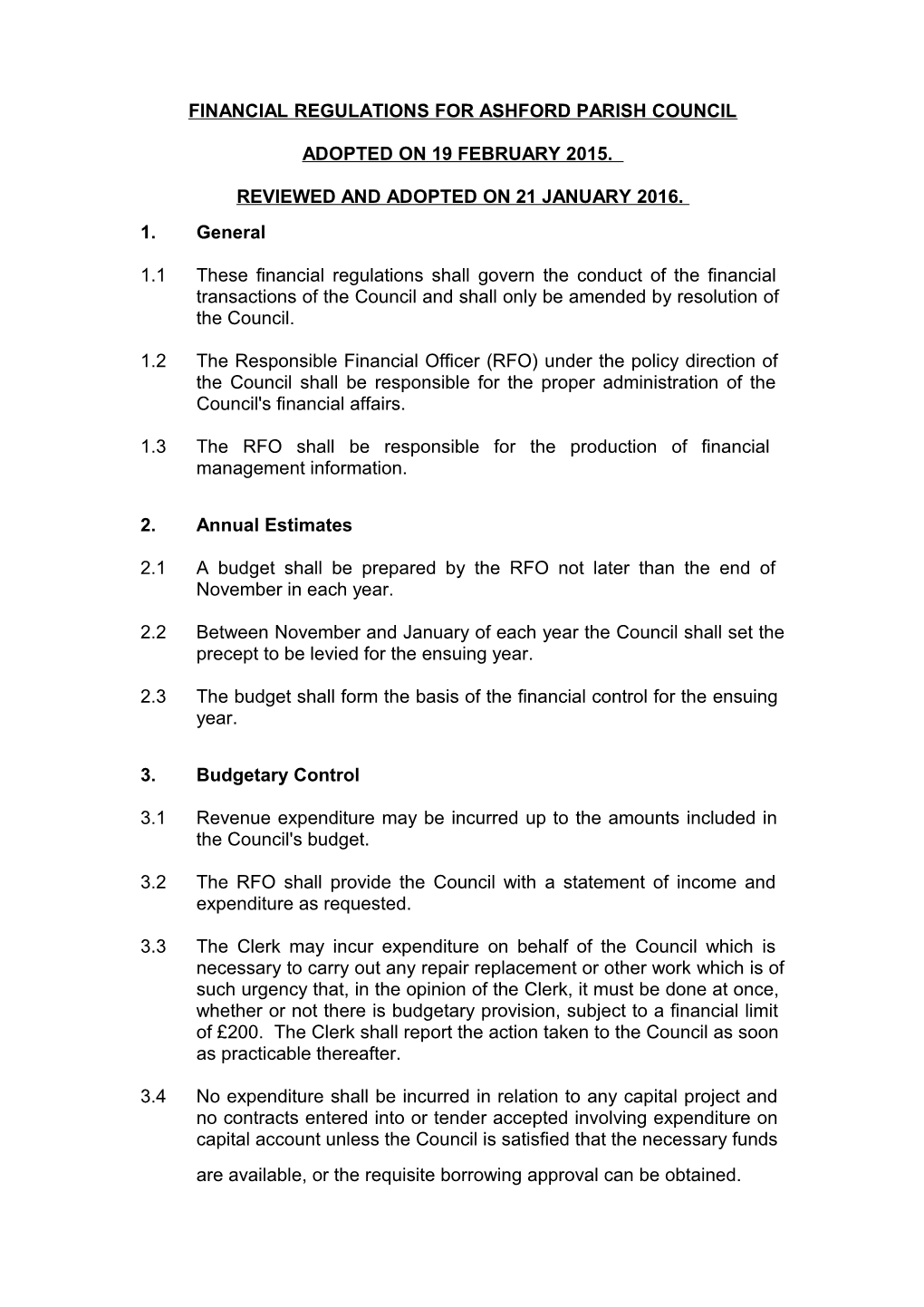 Financial Regulations for Ashford Parish Council