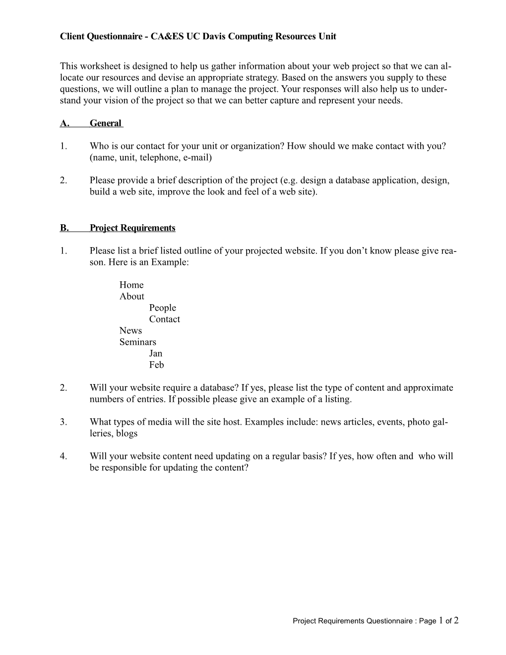 Client Questionnaire - CA&ES UC Davis Computing Resources Unit