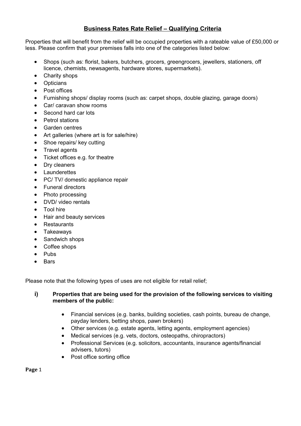 Business Rates Rate Relief Qualifying Criteria