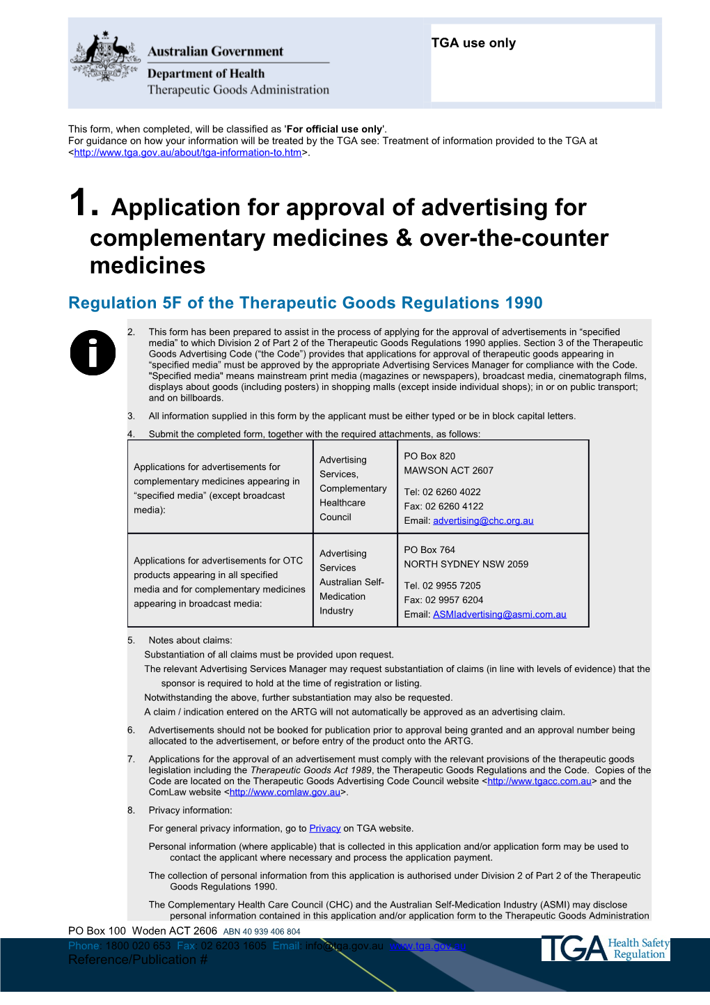 Application for Approval of Advertising for Complementary Medicines & Over-The-Counter Medicines