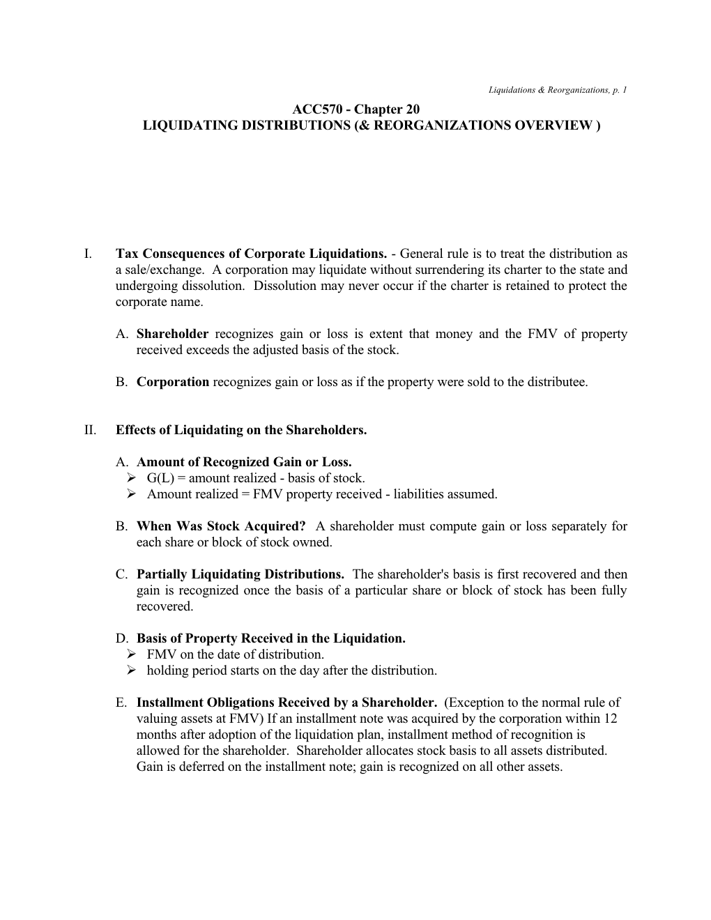 Liquidating Distributions (& Reorganizations Overview )