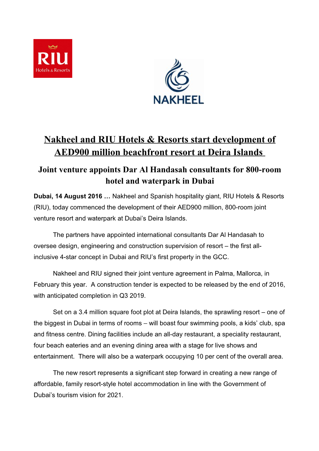 Nakheel and RIU Hotels & Resorts Start Development of AED900 Million Beachfront Resort