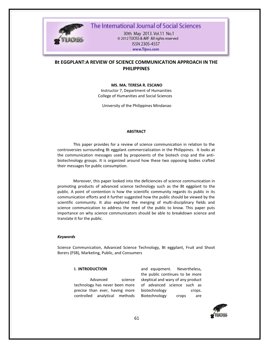 Bt EGGPLANT:A REVIEW of SCIENCE COMMUNICATION APPROACH in the PHILIPPINES