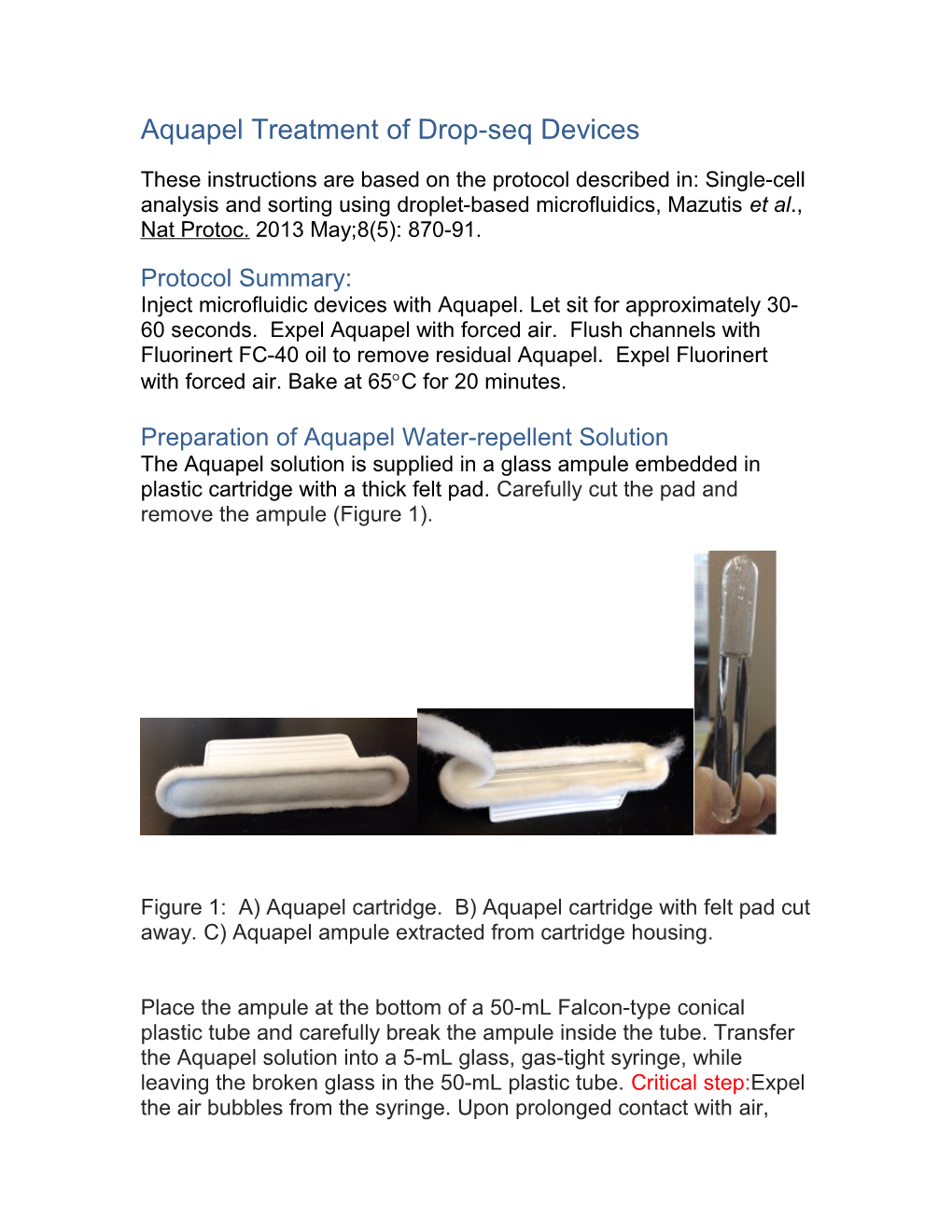 Aquapel Treatment of Drop-Seq Devices